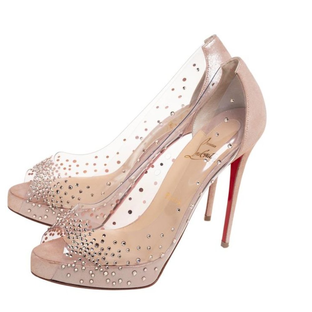 Christian Louboutin Beige Suede and PVC Very Strass Platform Peep Toe Pumps sz40